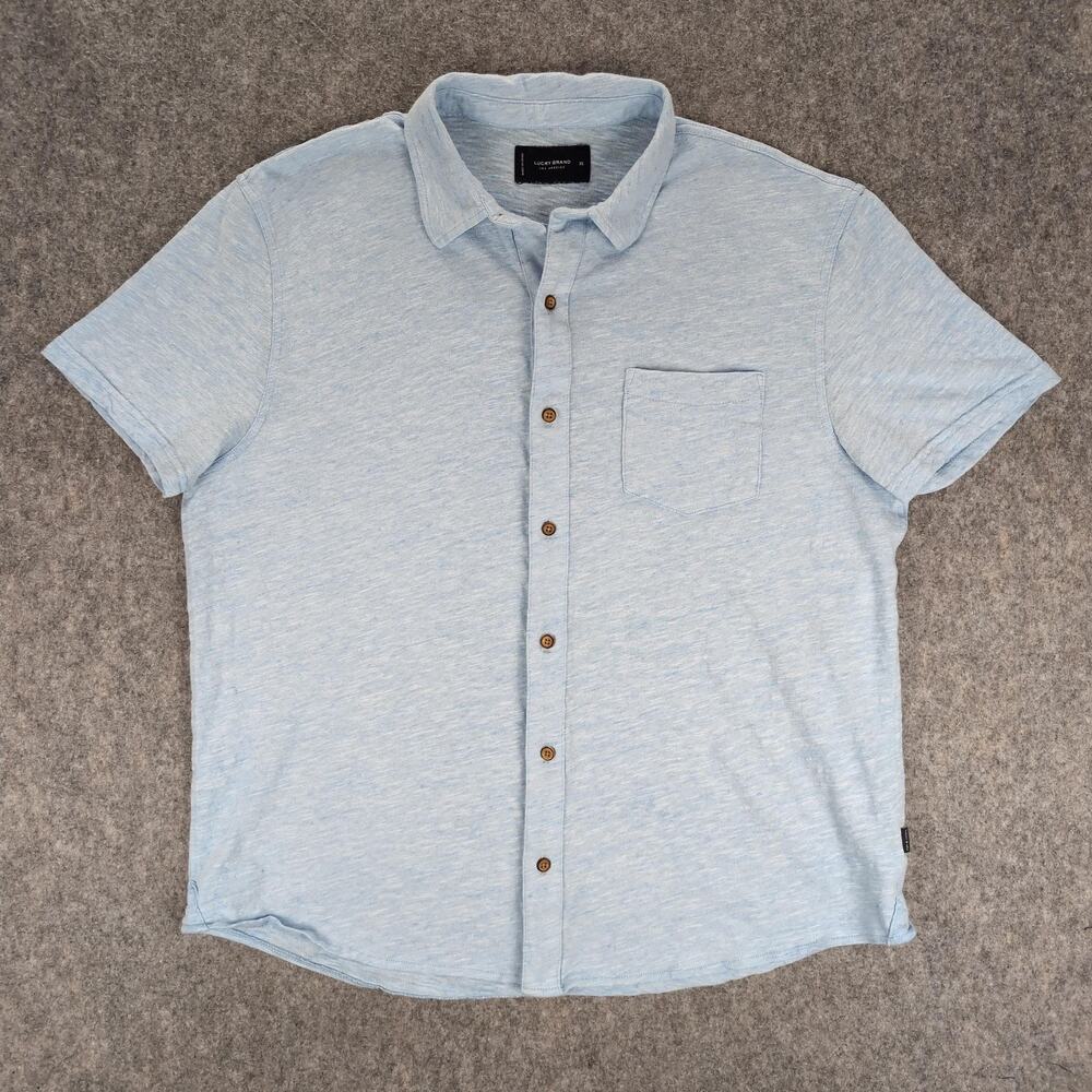 Lucky Brand Shirt Mens XL Blue Short Sleeve Button Up Linen Blend Casual